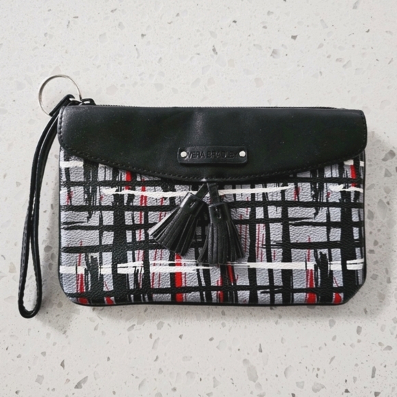 Vera Bradley Black, White, Gray, and Red Patterned Wristlet Wallet with Tassels - Picture 1 of 6